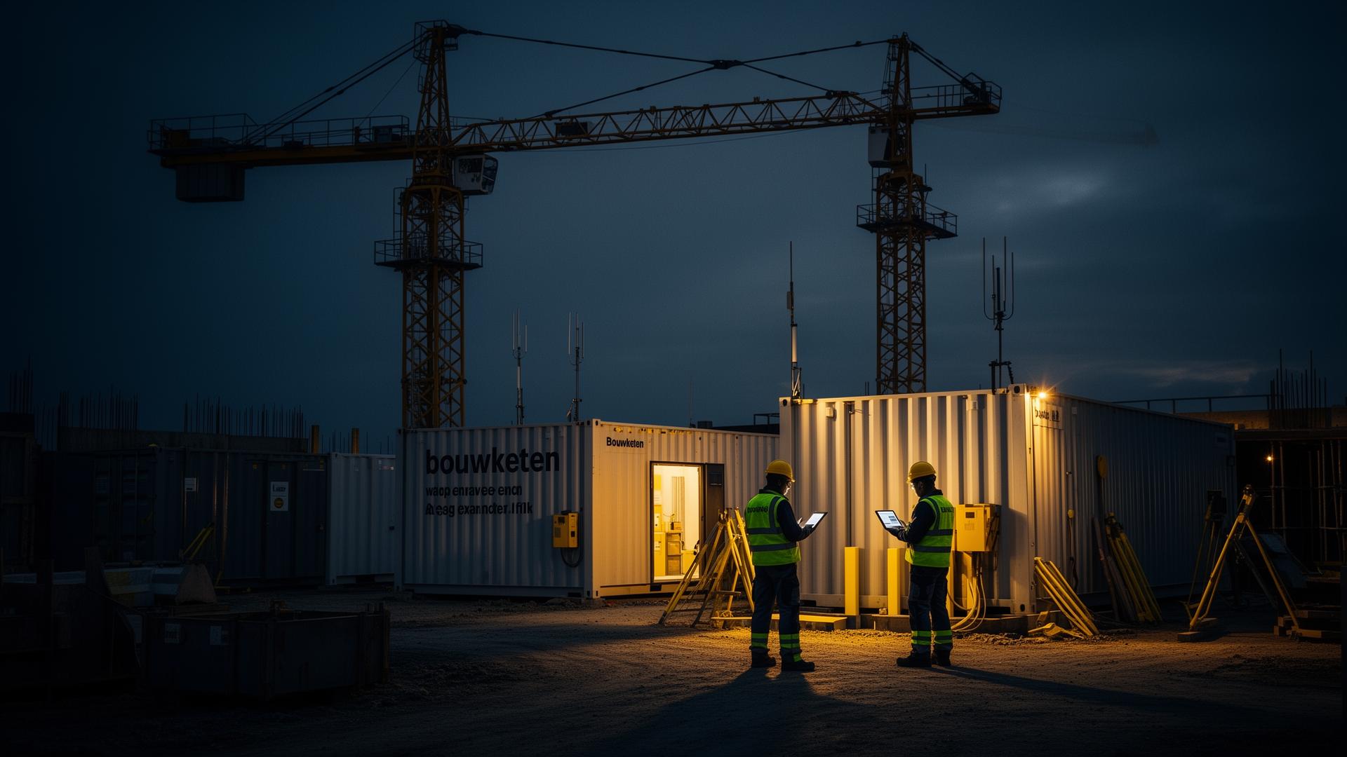 Moderne Nederlandse bouwplaats met kraan, bouwketen en 5G antennes bij schemering