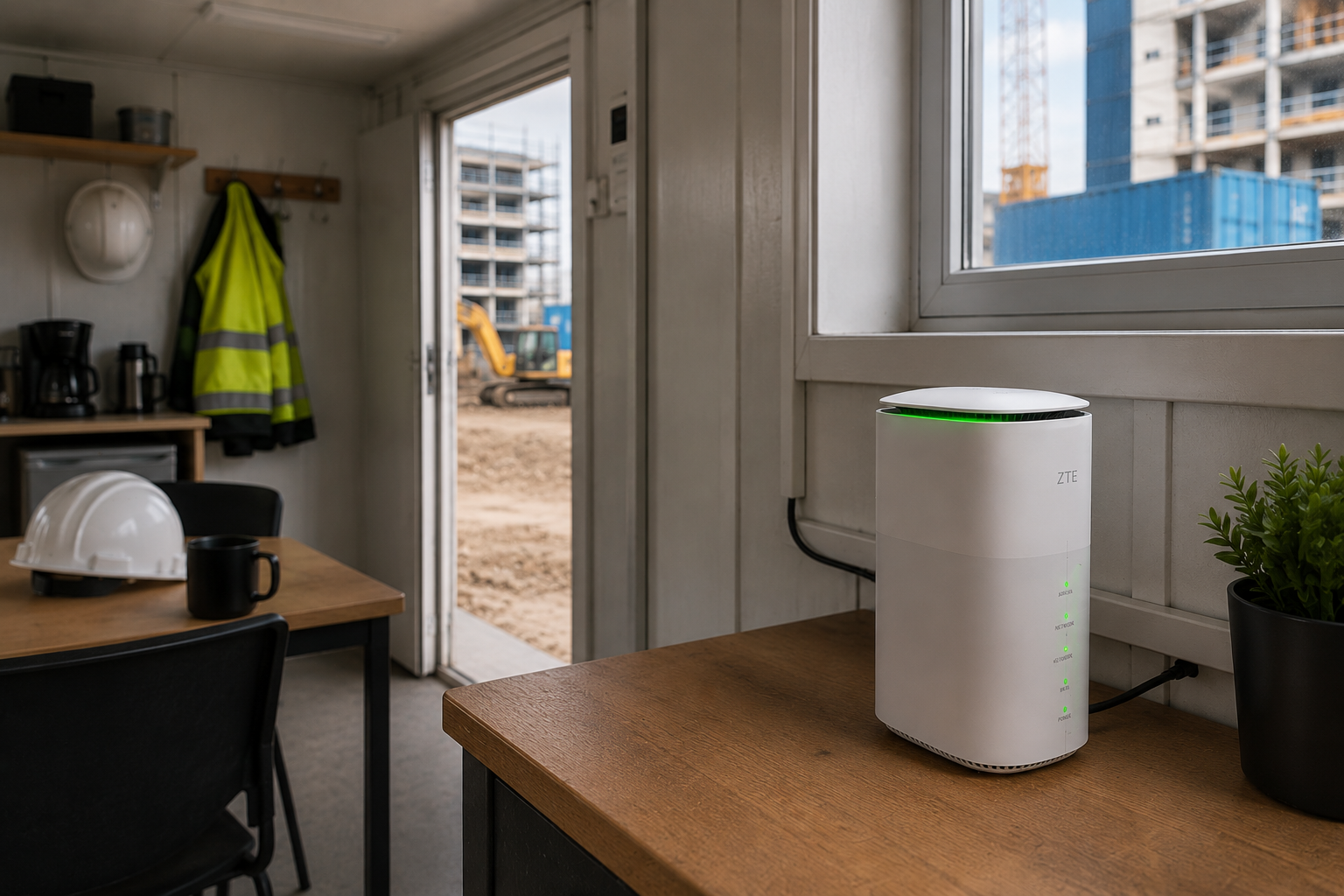 ZTE 5G router in bouwkeet met uitzicht op bouwplaats